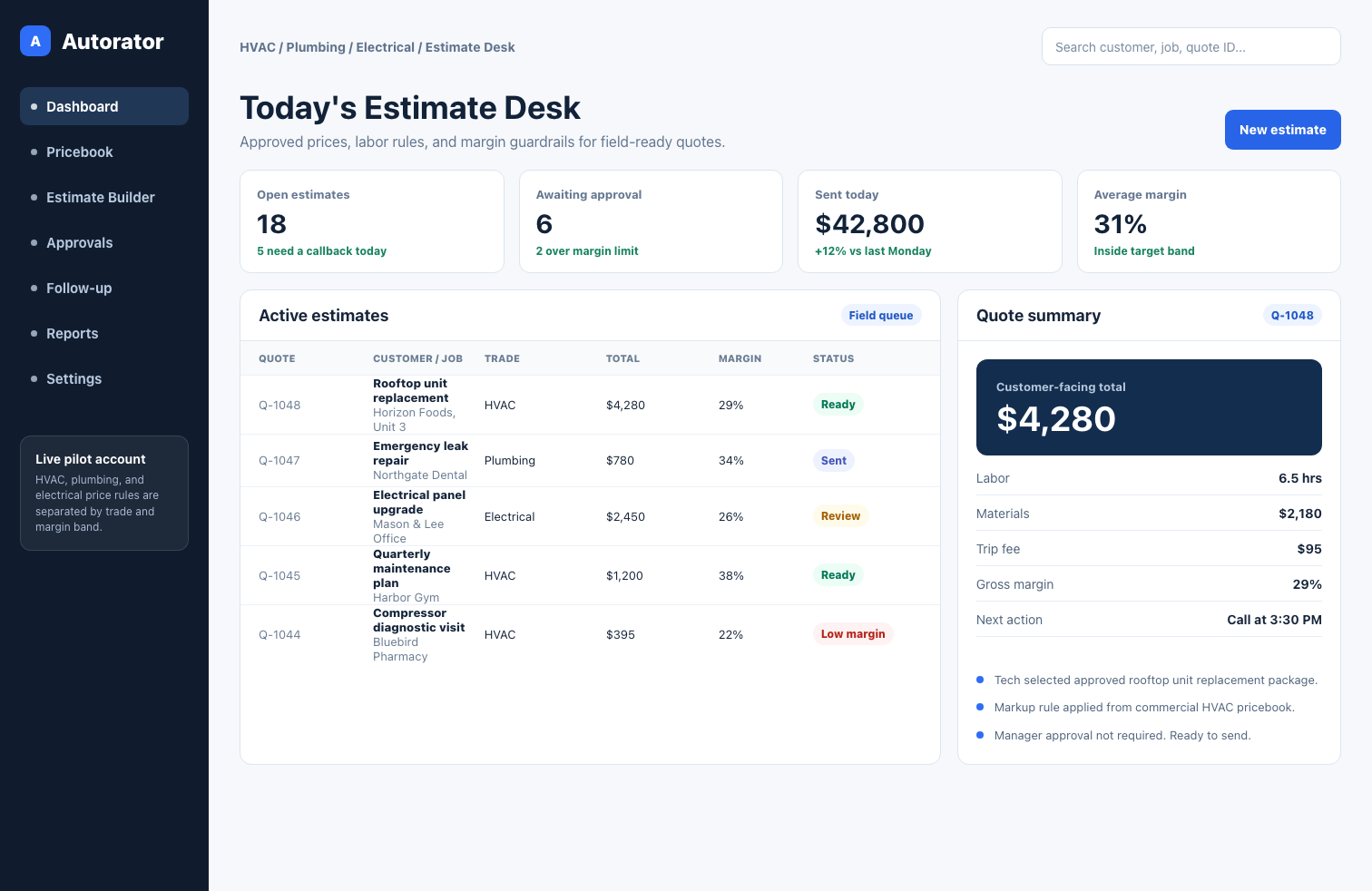 Autorator pricebook estimate dashboard