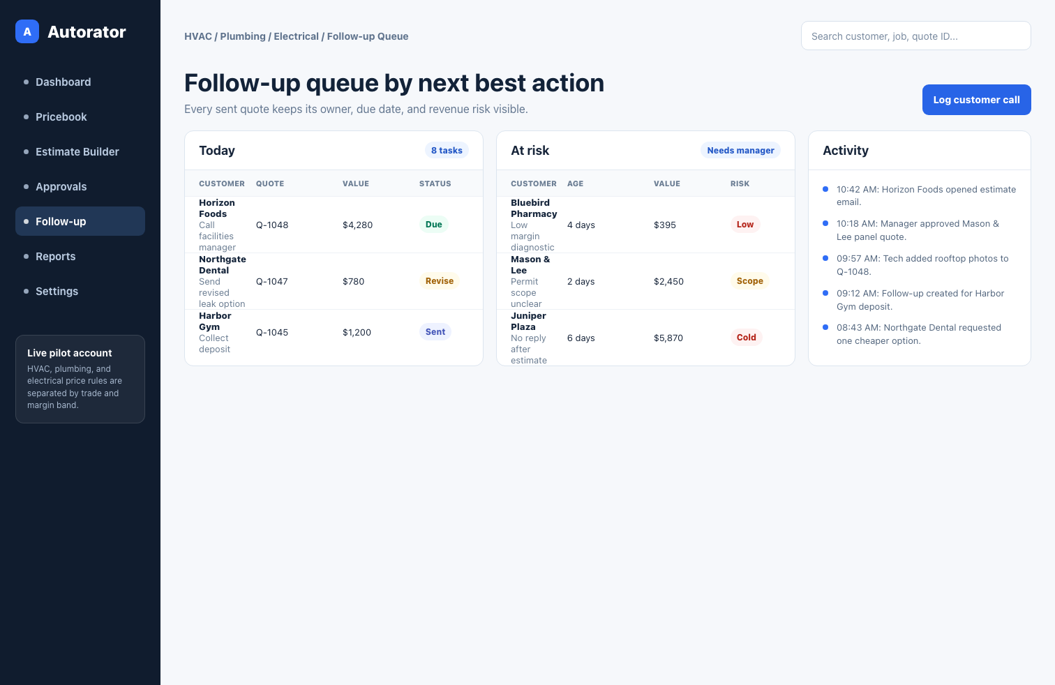 Quote follow-up queue screen