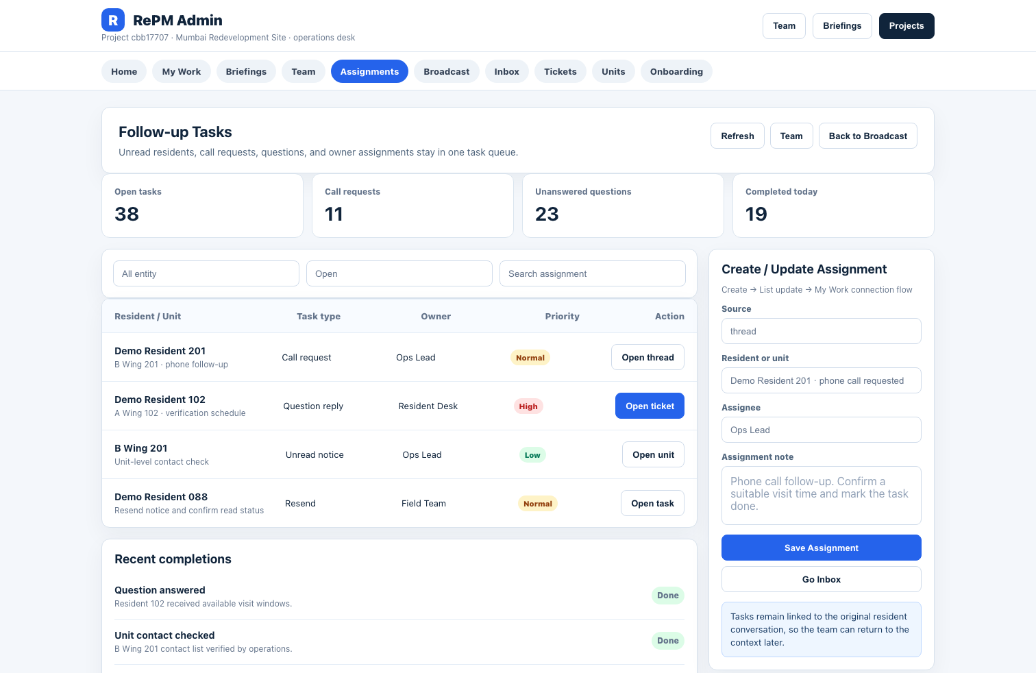 Non-response follow-up task admin screen